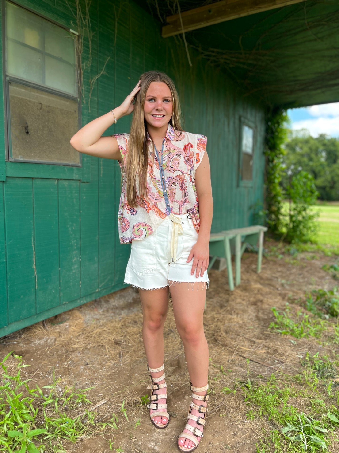 Cap Sleeve Paisley Button Down Top