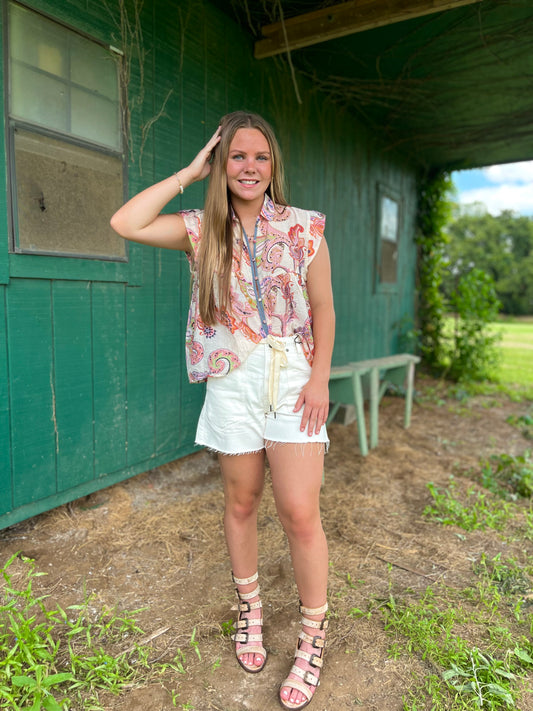 Cap Sleeve Paisley Button Down Top