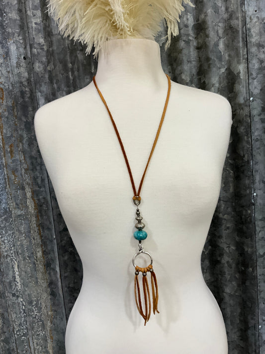 Long Leather Necklace W/ Turq & Silver