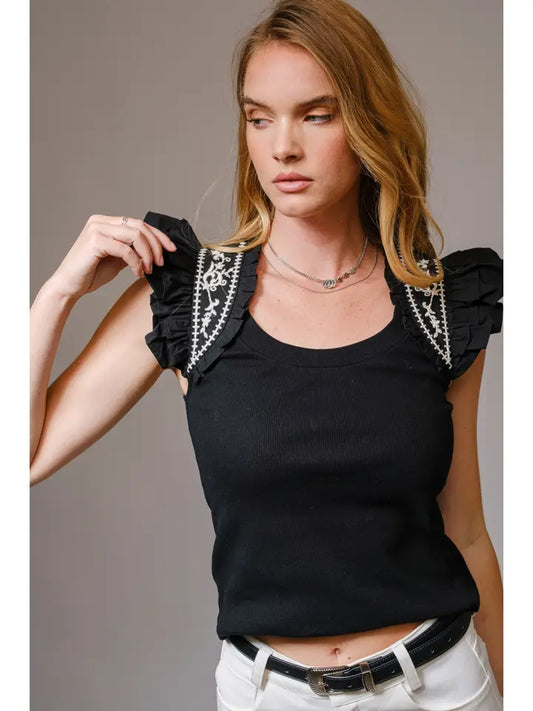 Embroidered Ruffle Shoulder Tank Top