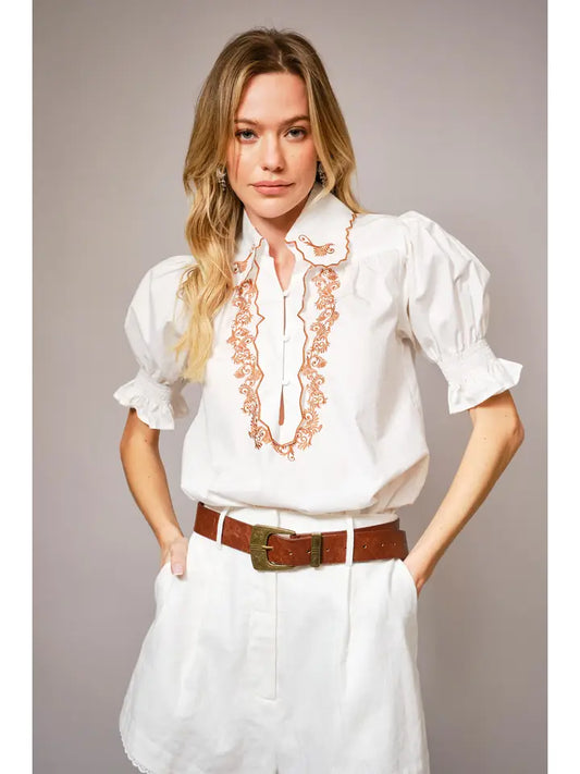 Embroidered Scallop Collar Puff Sleeve Top