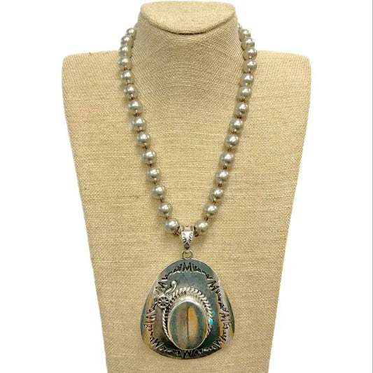 Etched Cowboy Hat Pendant On Faux Navajo Pearl Necklace