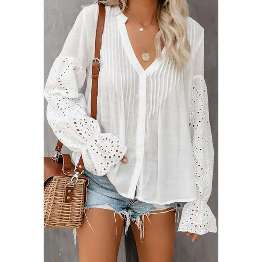Eyelet Pleated V-Neck Buttoned Top