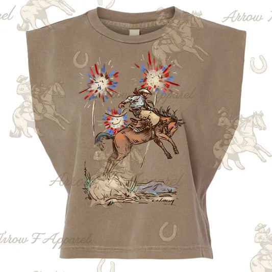 Fireworks Bronc Rider| Western Graphic Muscle Tank (Faded Brown)