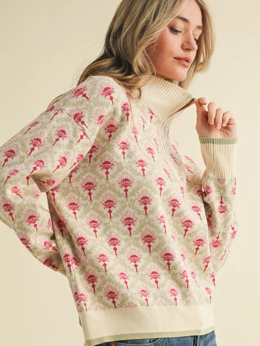 Floral Mock Neck Half Zip Pullover
