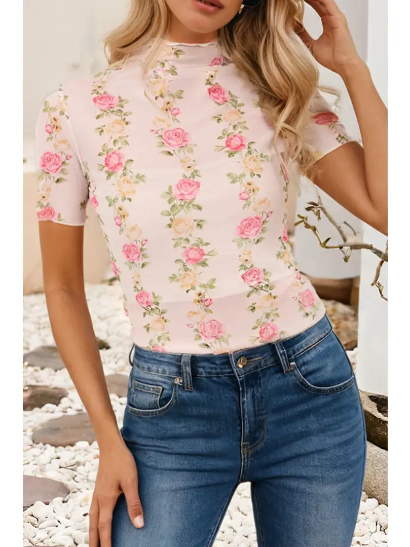 Floral Print Mock Neck Short Sleeve Mesh Top