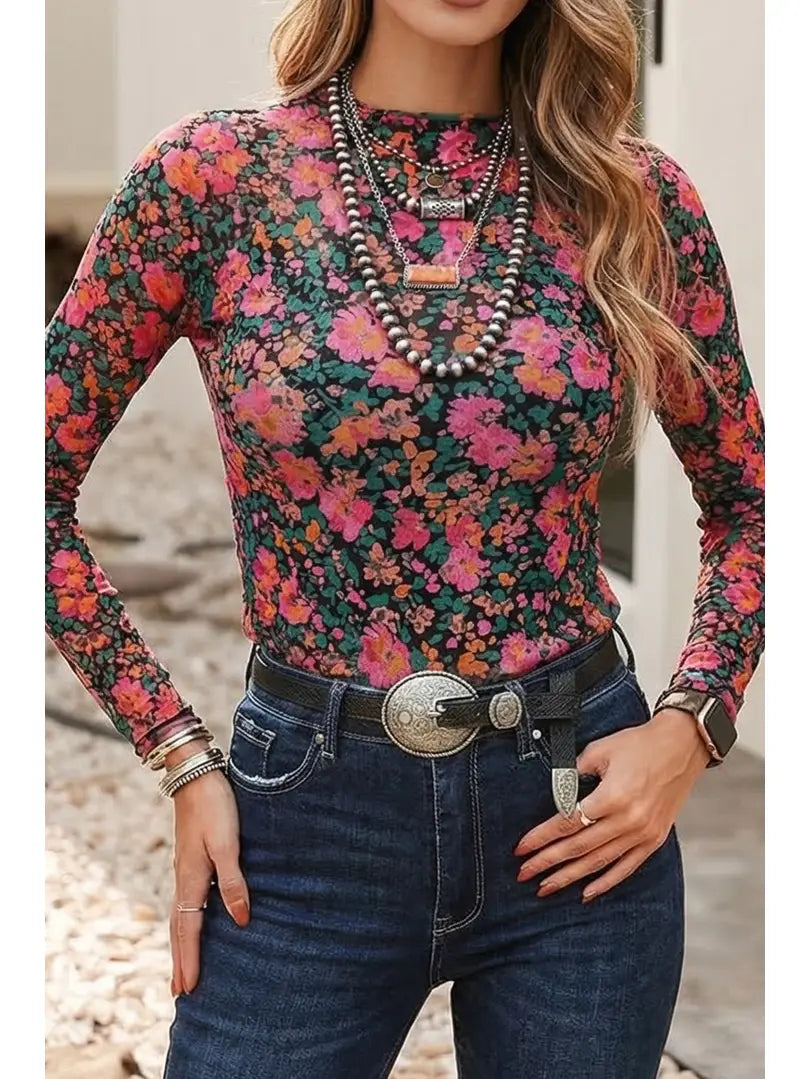 Floral Print Slim Fit Mesh Long Sleeve Mock Neck Top