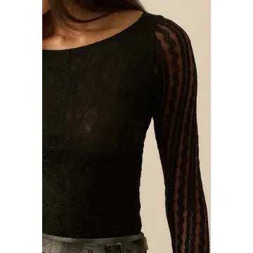 Floral and Striped Lace Boat-Neck Bodysuit