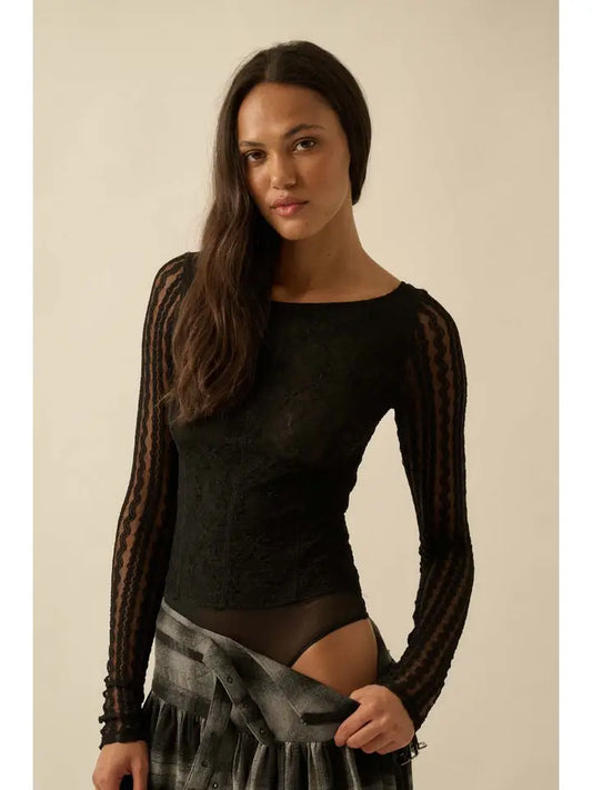 Floral and Striped Lace Boat-Neck Bodysuit