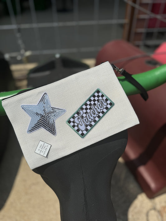 Teacher W/ Silver Sequin Star Pencil Pouch/Makeup Bag