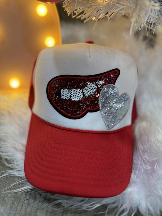 Red Sequin Lips & Heart Trucker Cap