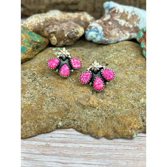 Handmade Sterling Silver Hot Pink Post Earrings with Signed Nizhoni