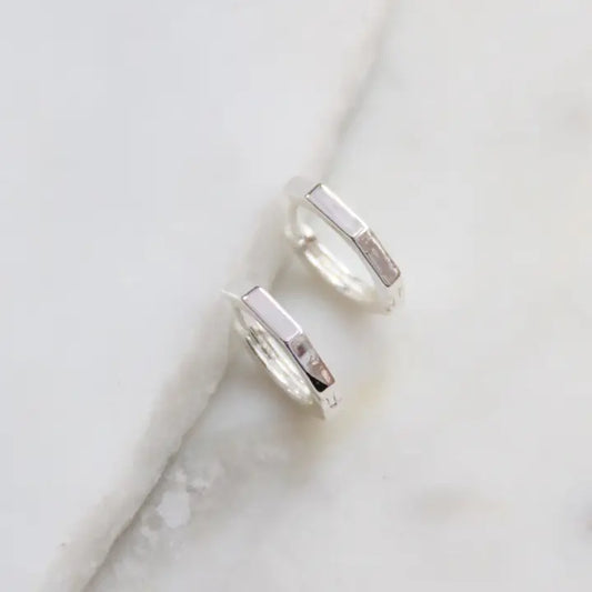 Hexagon Huggie Hoop Earrings Silver