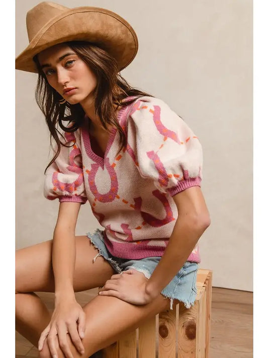Horseshoe Pattern Puff Sleeves Sweater