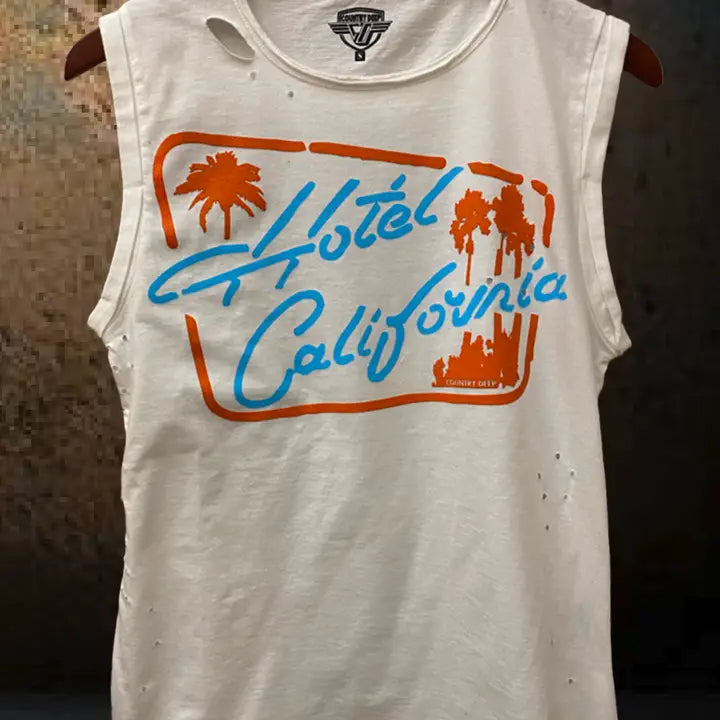 Hotel Cali Relaxed Fit Distressed Rolled Sleeve Muscle Top