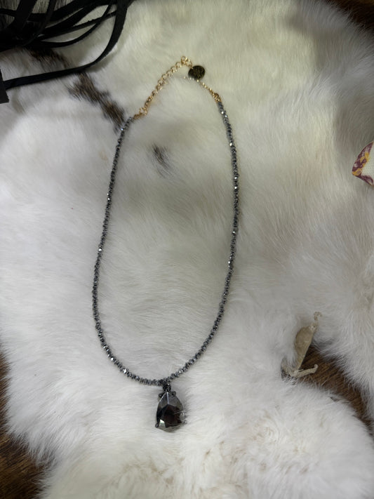 Silver Cube Bead & Rhinestone Charm Necklace