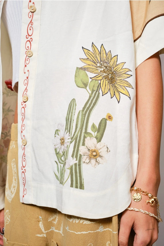 Embroidered Sequin Floral Linen Blouse