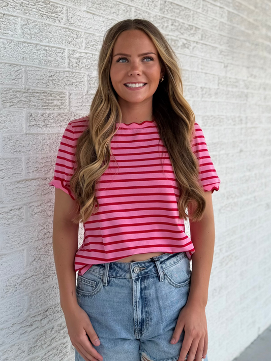 Pink Stripe Scallop Trim T-Shirt
