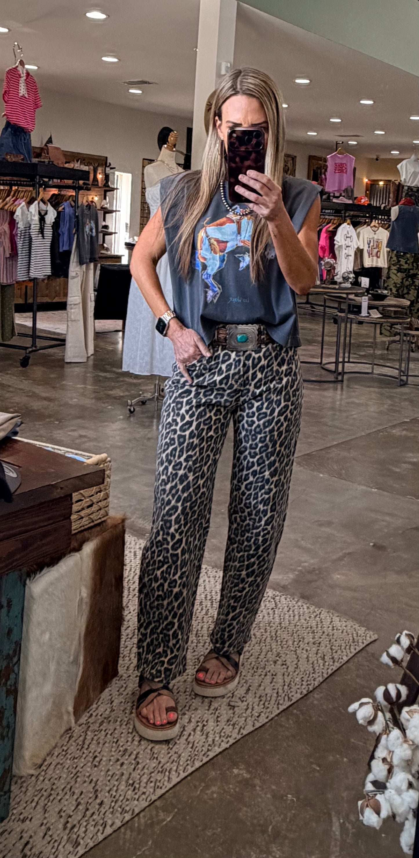 High Rise Leopard Print Barrel Jeans