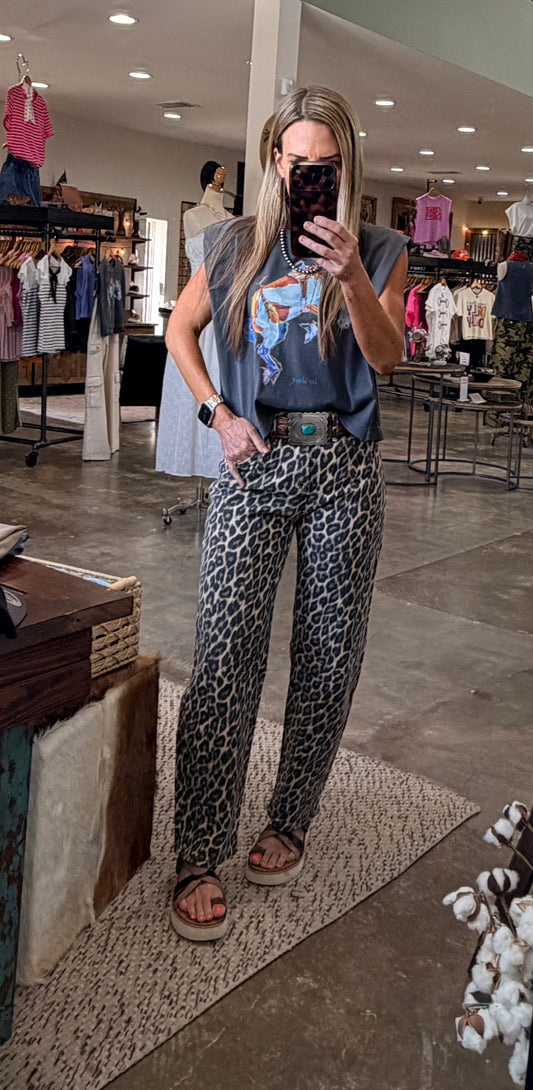 High Rise Leopard Print Barrel Jeans