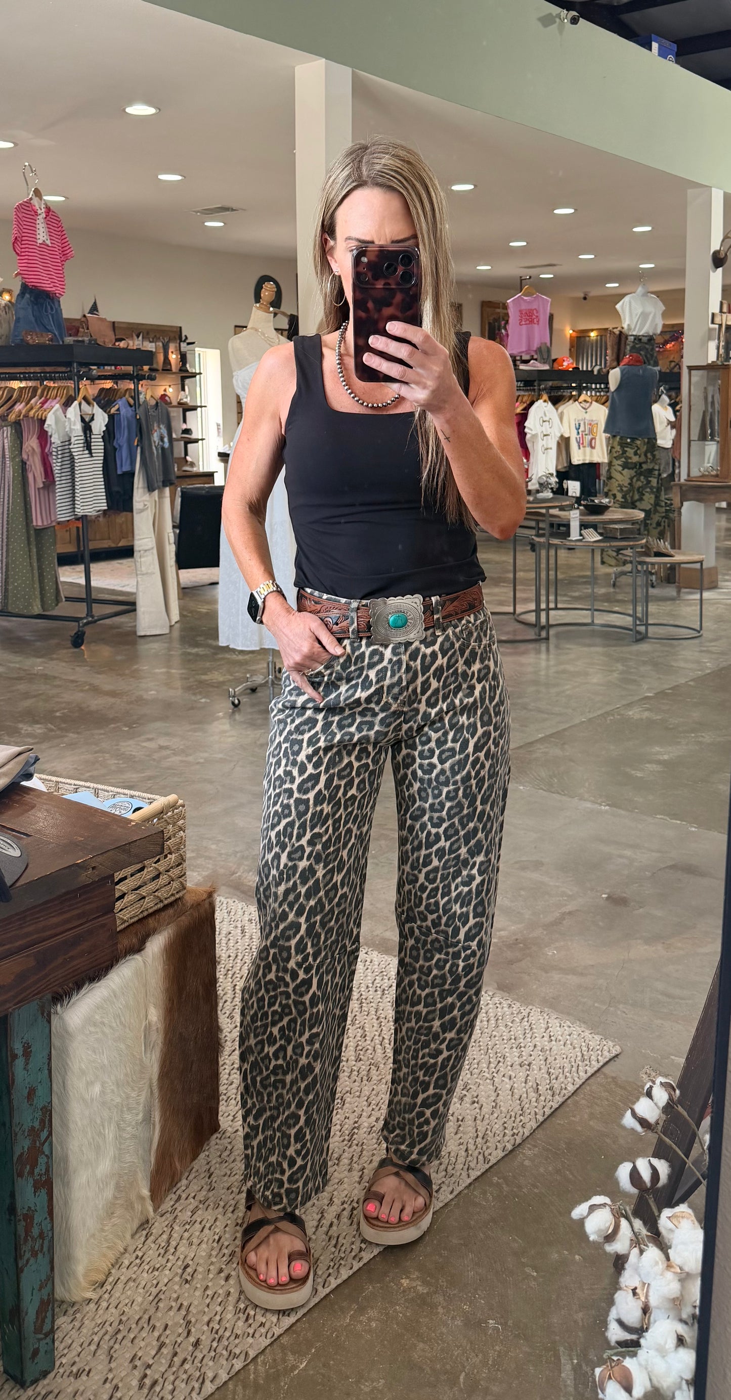 High Rise Leopard Print Barrel Jeans