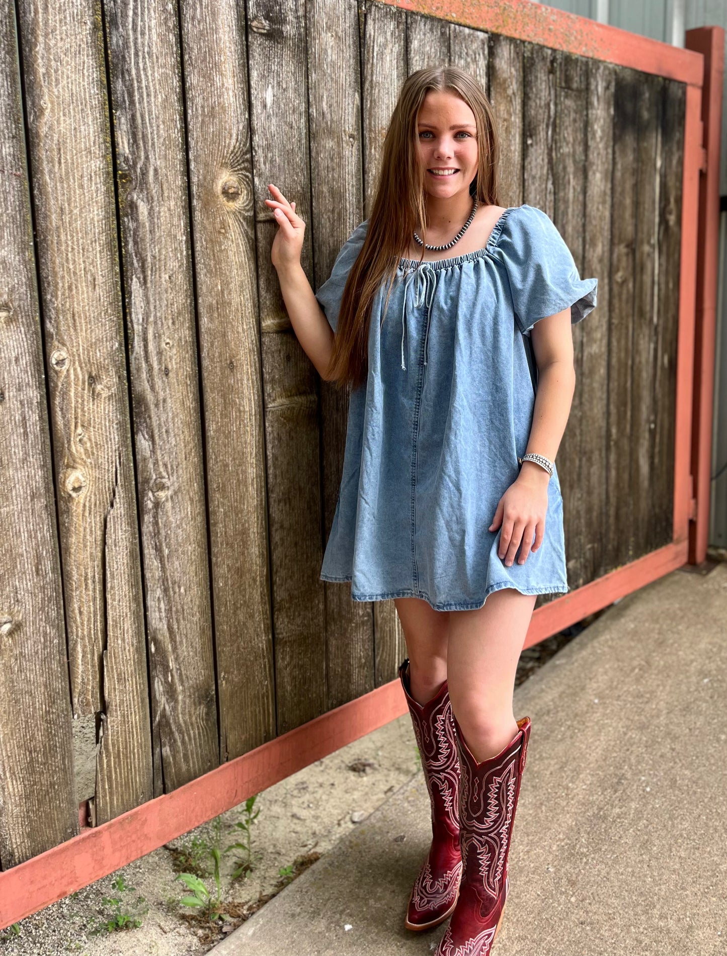 Bubble Sleeve Square Neck Denim Babydoll Dress