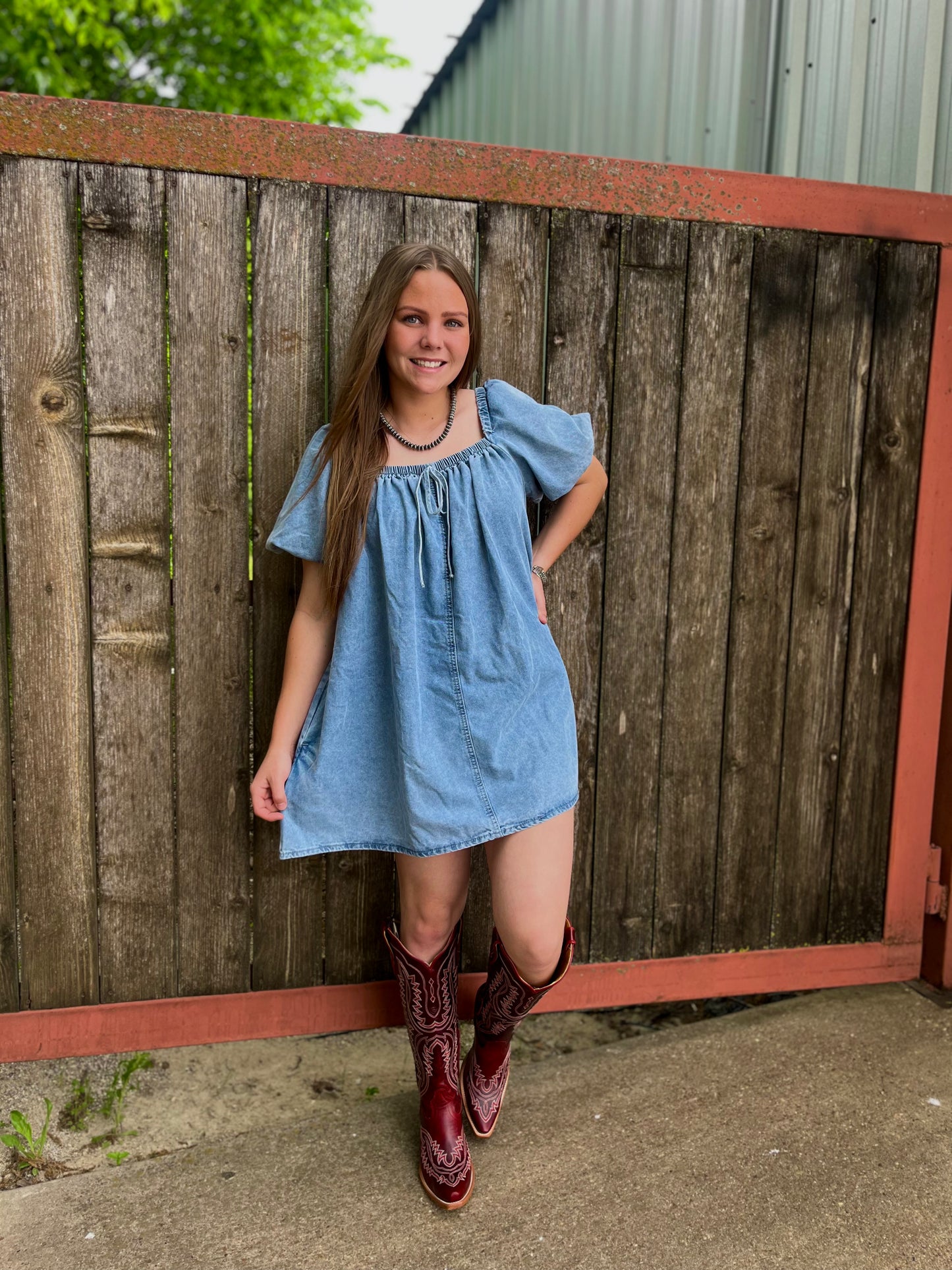 Bubble Sleeve Square Neck Denim Babydoll Dress