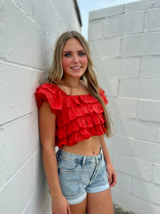 Cotton Voile Ruffle Crop Blouse Red/Orange