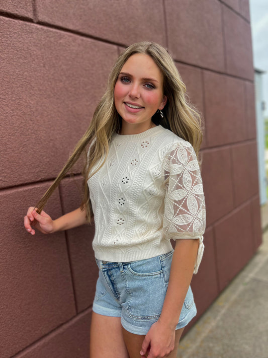 Eyelet Puff Sleeve Knit Sweater Top