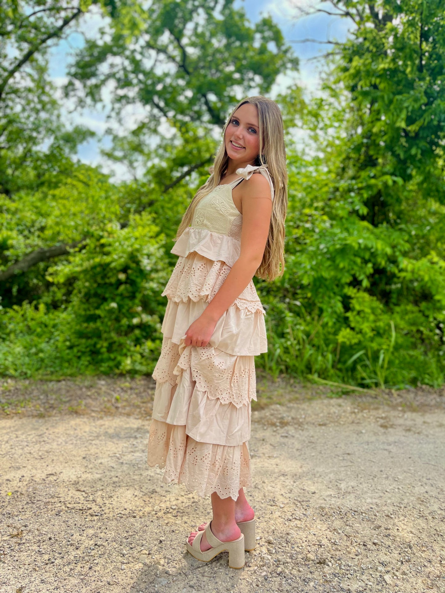 Tiered Embroidery Eyelet Maxi Dress