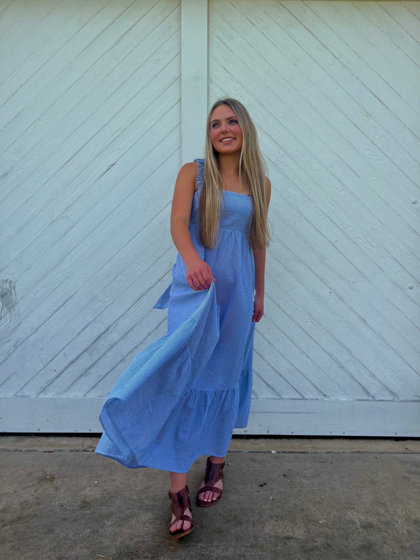 Scrunch Strap Back Tie Ruffle Maxi Dress