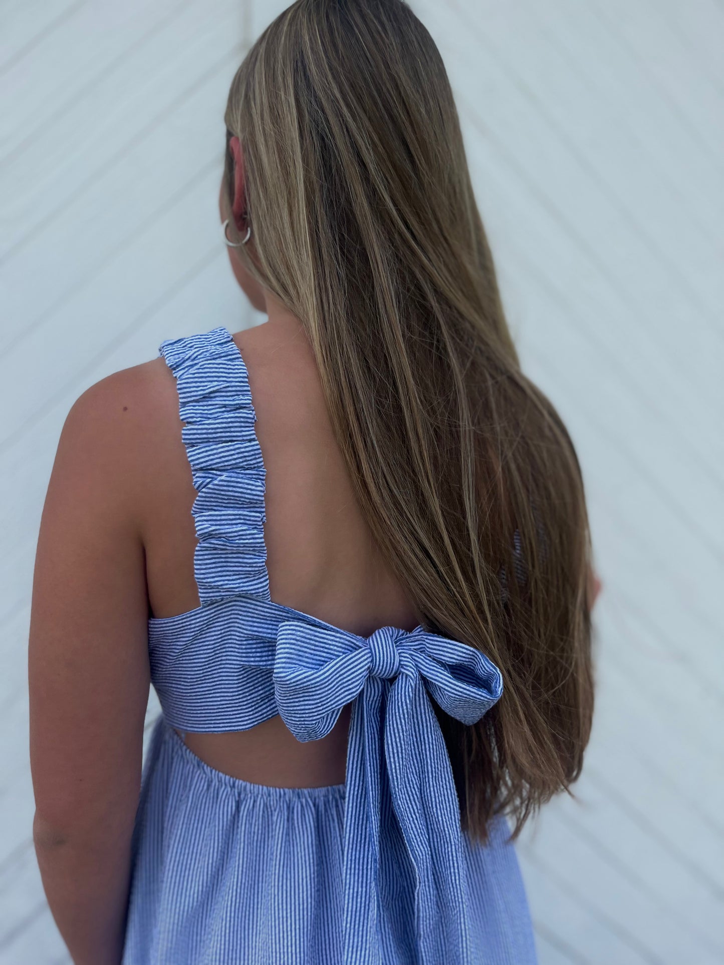 Scrunch Strap Back Tie Ruffle Maxi Dress