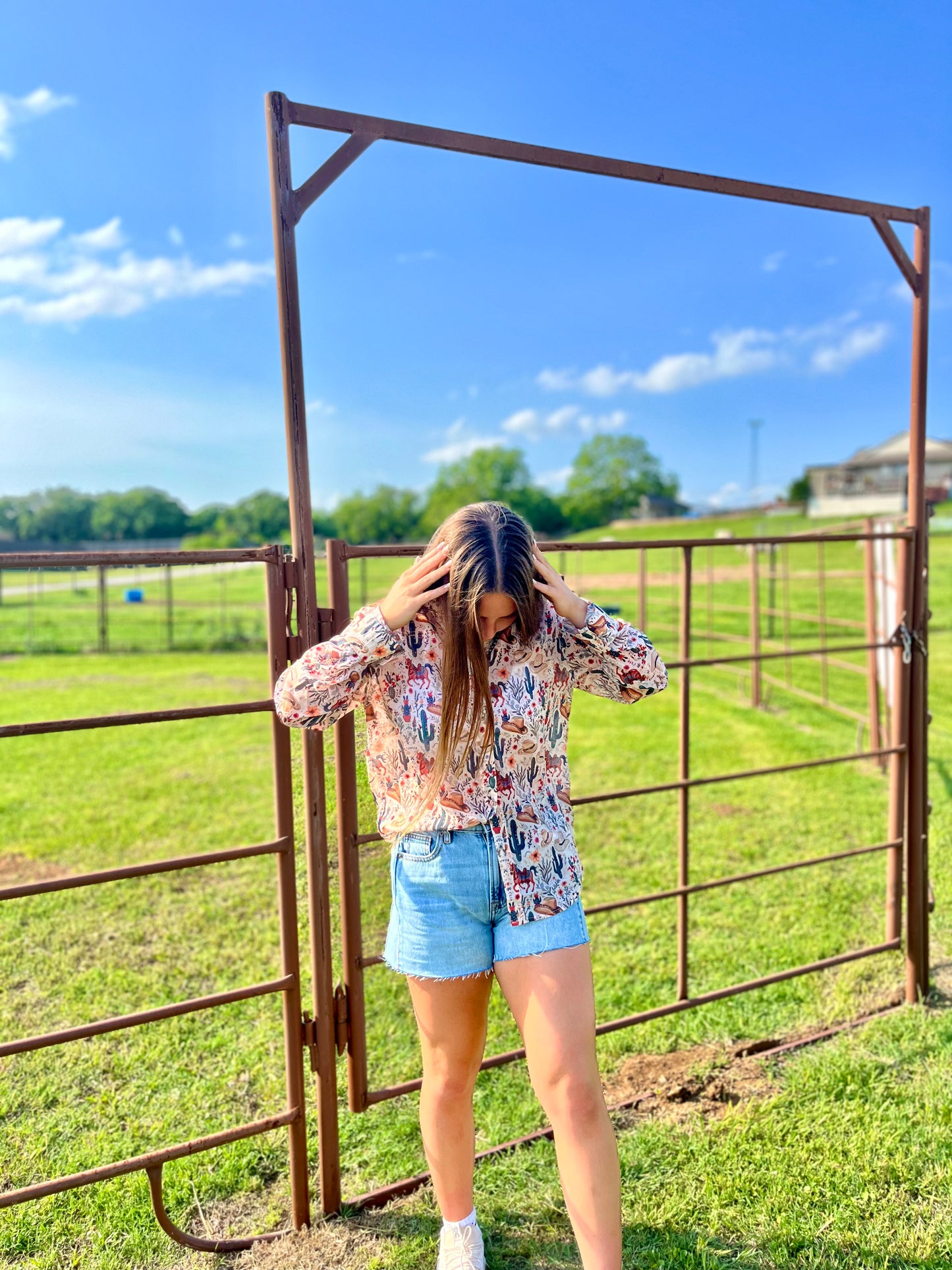 Western Print Chiffon Button Up Blouse