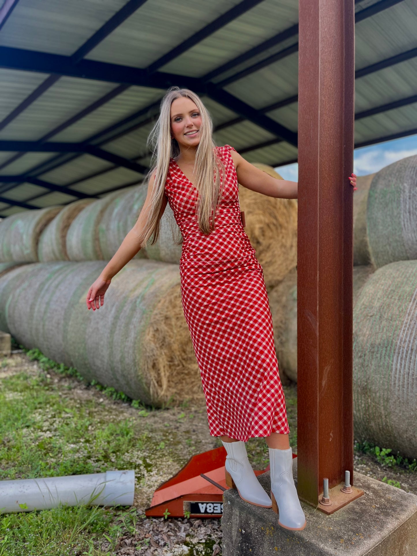 Ruched Gingham Red Maxi Dress With Tie Straps