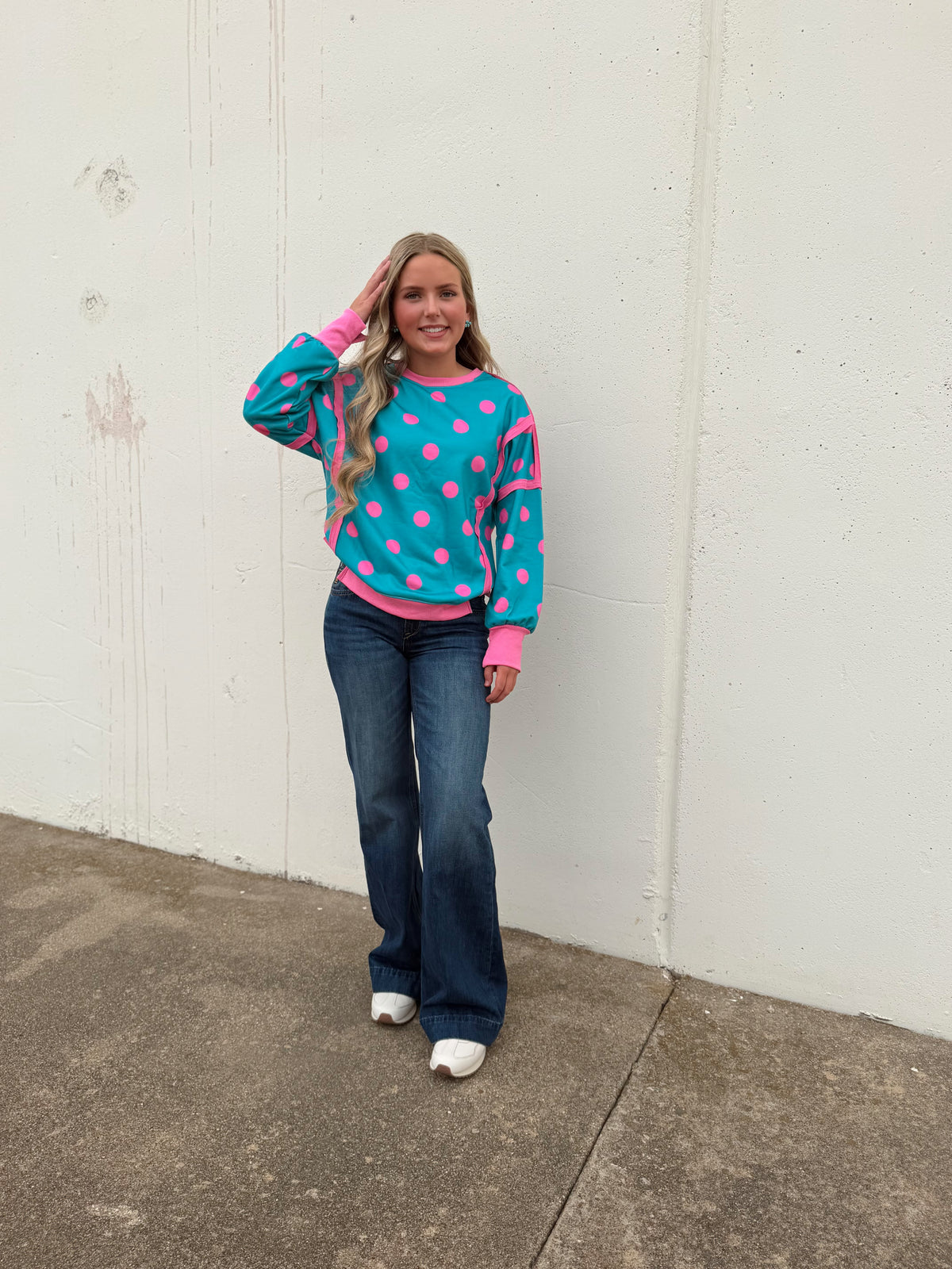Polka Dot Patchwork Long Sleeve Pullover Sweatshirt Pink Polka Dot