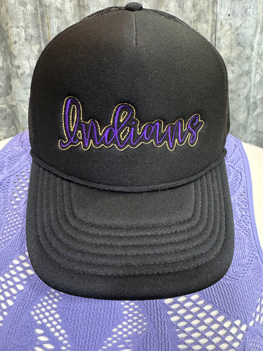 "Indians" Black Embroidered Purple and Gold Trucker Cap