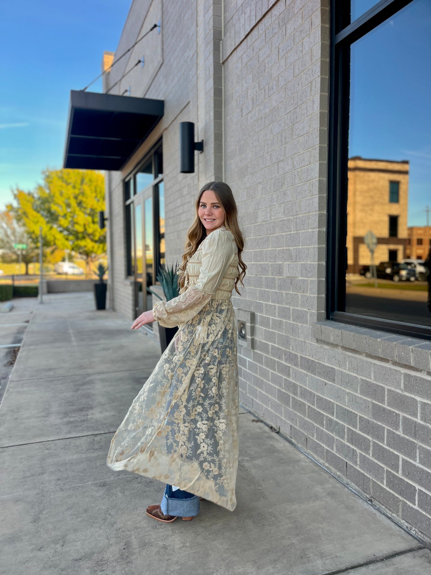 Taupe Lace Smocked V Neck Tie Front Cover Up