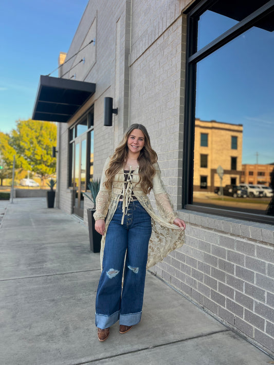 Taupe Lace Smocked V Neck Tie Front Cover Up