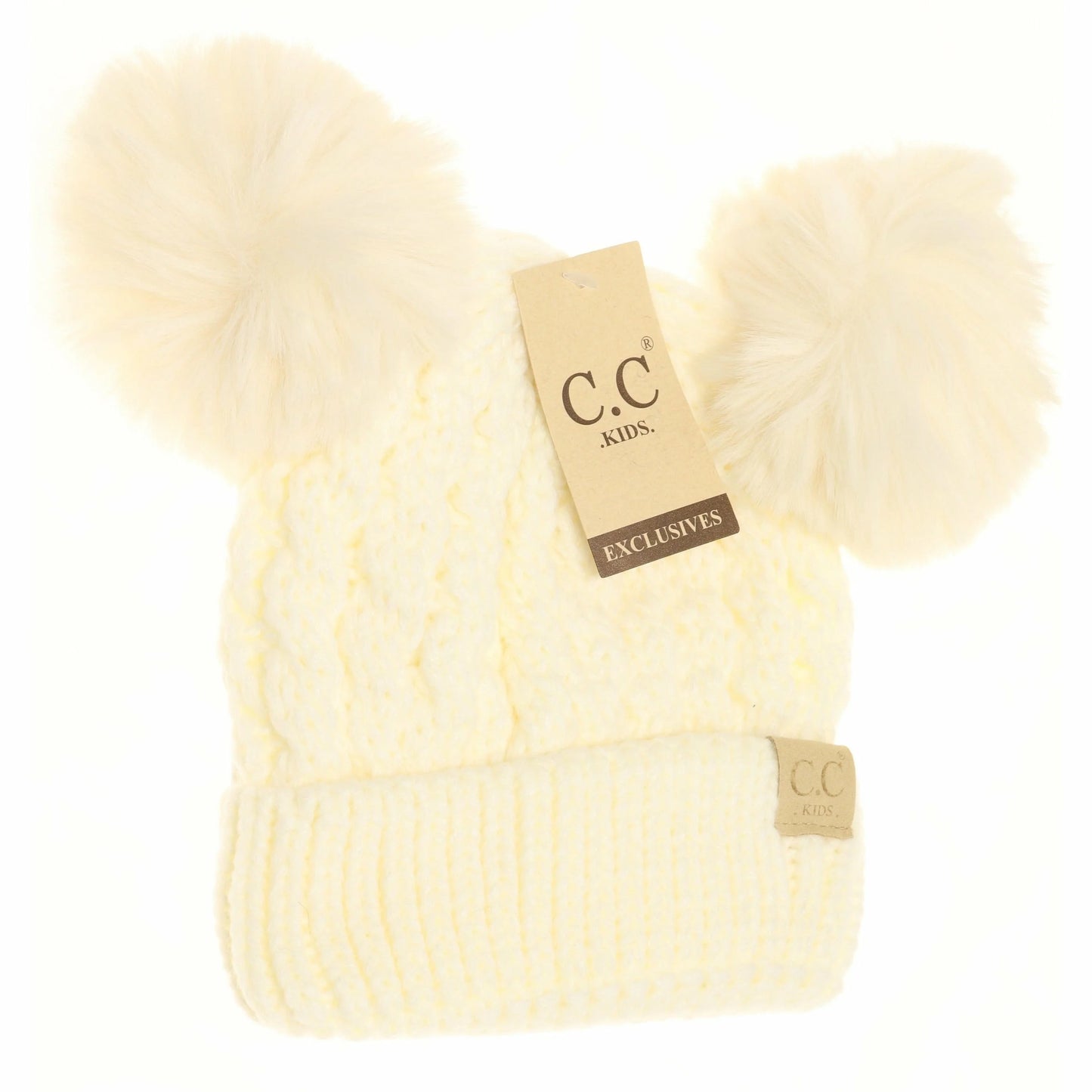 KIDS Cable Knit Double Matching Pom Beanie