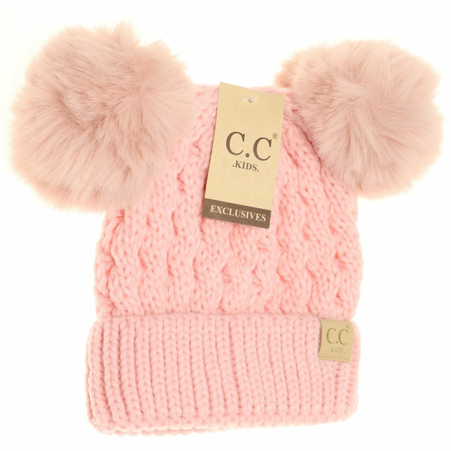 KIDS Cable Knit Double Matching Pom Beanie