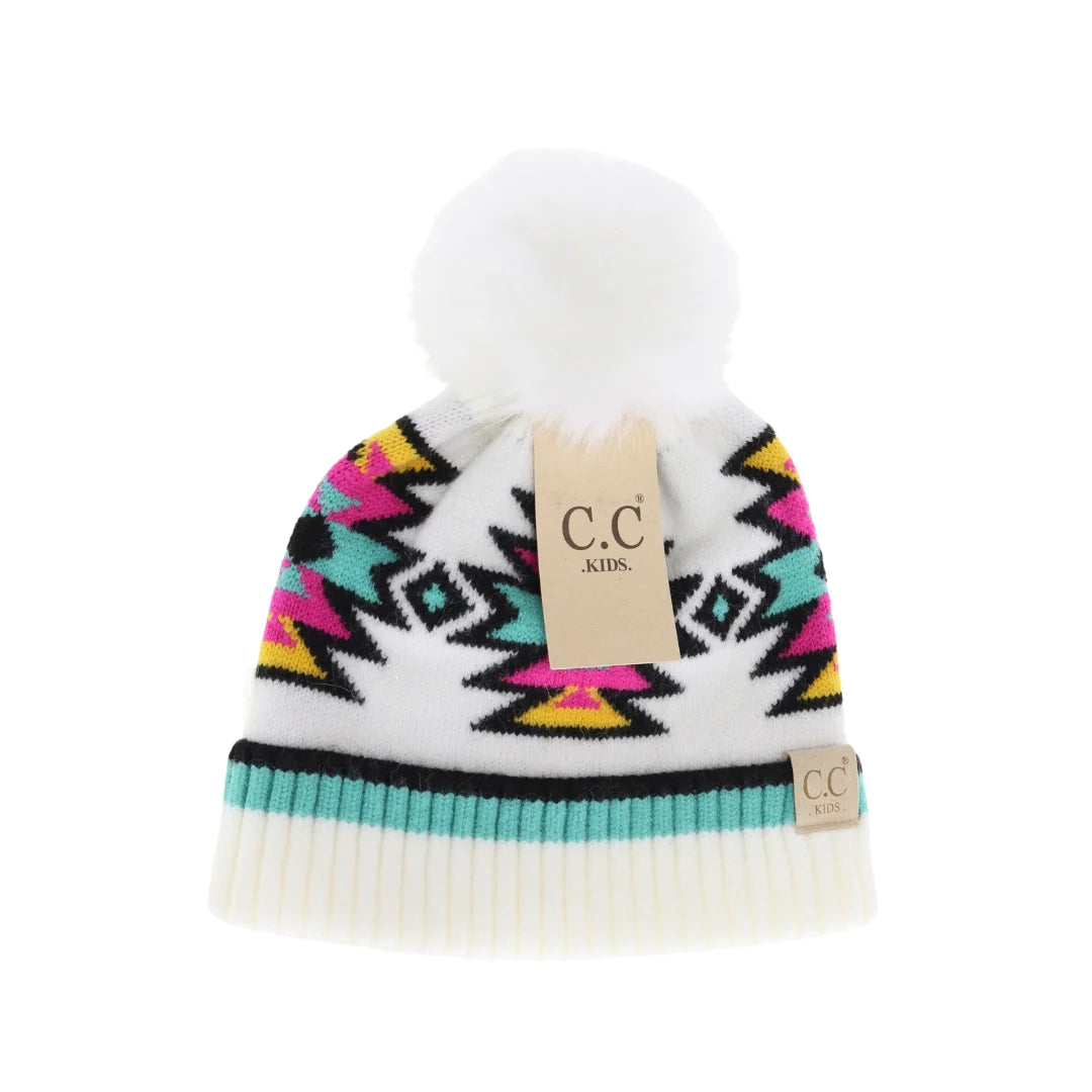 KIDS Southwestern Faux Fur Pom C.C Beanie