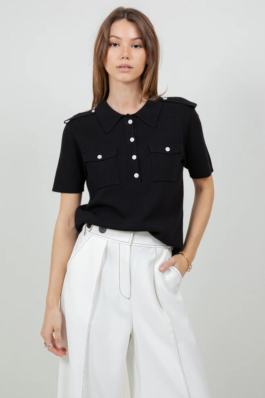 KNITTED BUTTON DOWN POLO SHIRT - BLACK