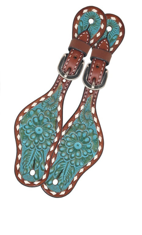 Kids Spur Straps Turquoise Floral Carved