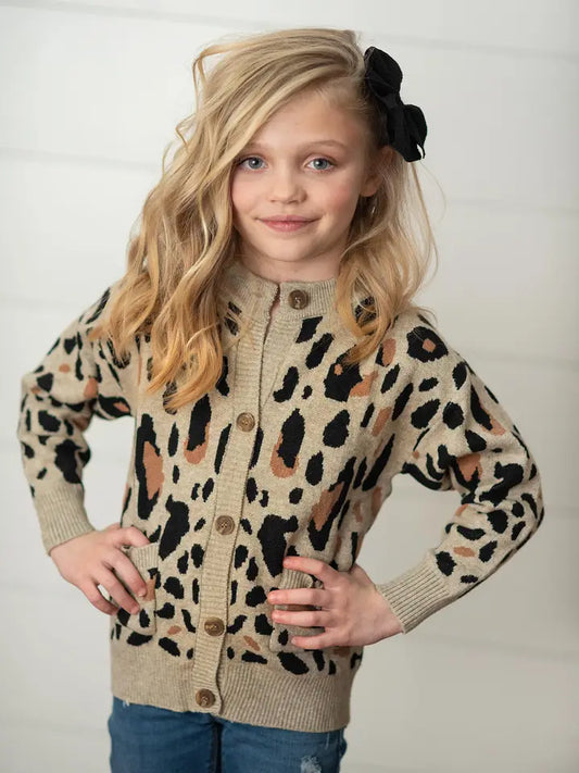 Kids Leopard Button Pocket Cardigan Fall Winter Sweater