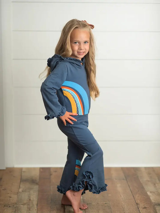 Kids Navy Blue Rainbow Hooded Ruffle Sweatsuit Lounge Set