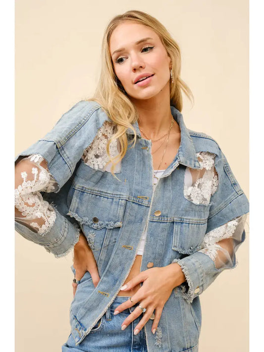 Lace Inset Raw Detail Oversized Denim Jacket