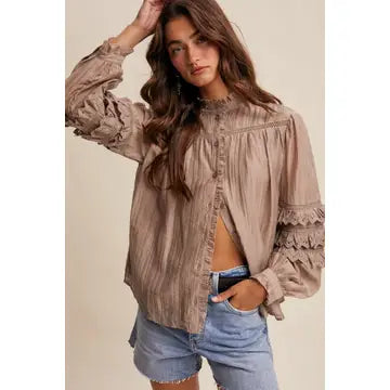 Lace Ruffle Sleeve Pintuck Blouse