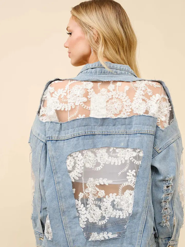 Lace Inset Raw Detail Oversized Denim Jacket