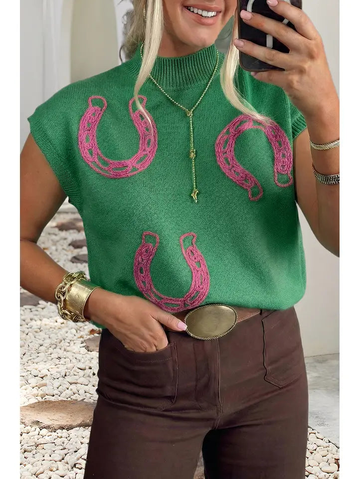 Western Short Sleeve Stand Mock Neck Knit Sweater Green