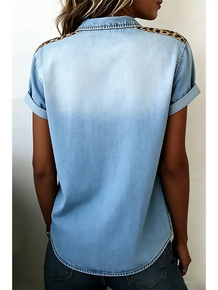 Leopard Patchwork Detail Short Sleeve Denim Shirt